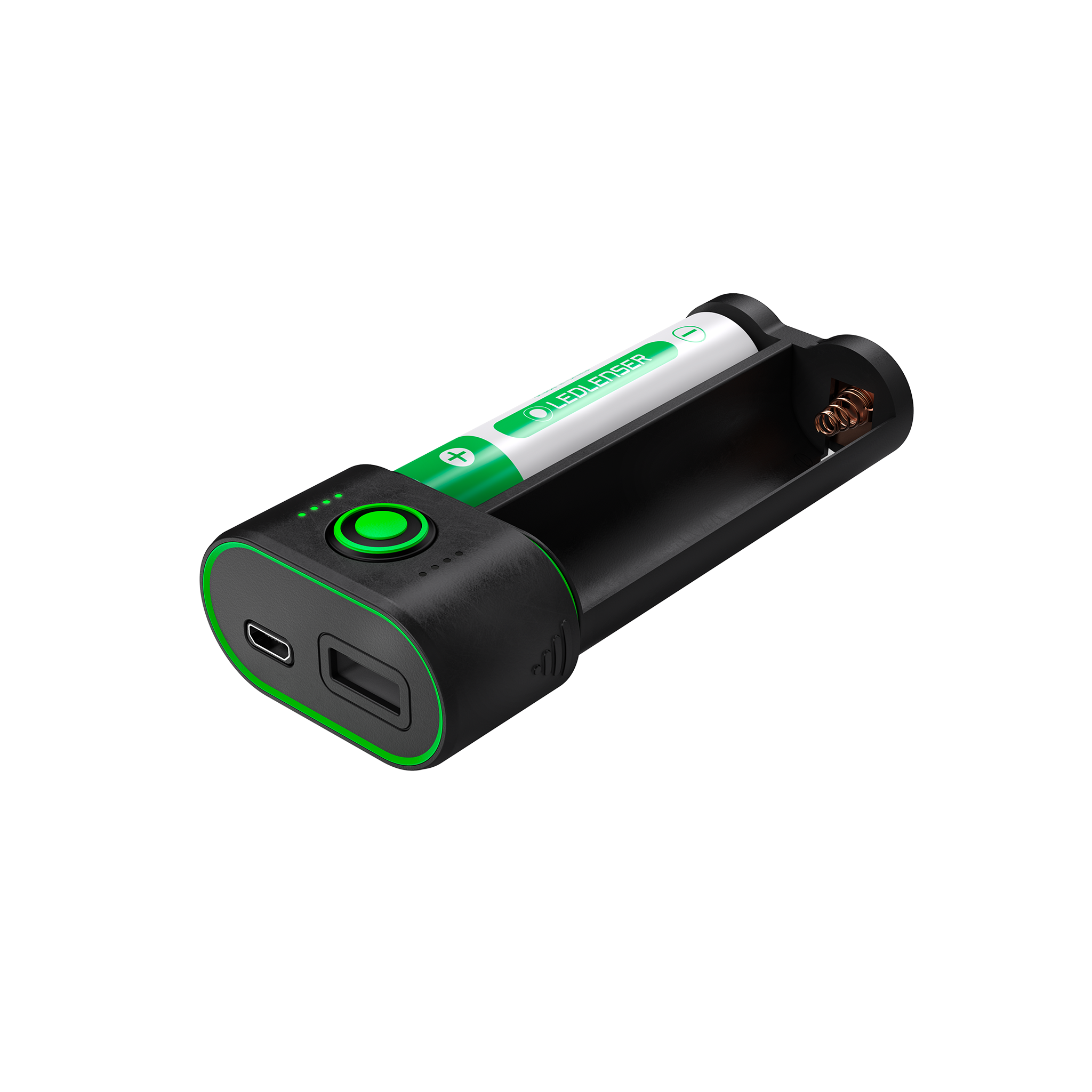 Flex7 Powerbank by Ledlenser showing black housing with green trim a green power button and visible USB C and USB A ports at an angled view