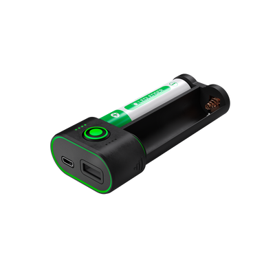 Flex7 Powerbank by Ledlenser showing black housing with green trim a green power button and visible USB C and USB A ports at an angled view