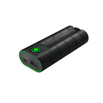 Ledlenser Flex7 Powerbank in black compact cylinder with dual USB ports and a green illuminated power button