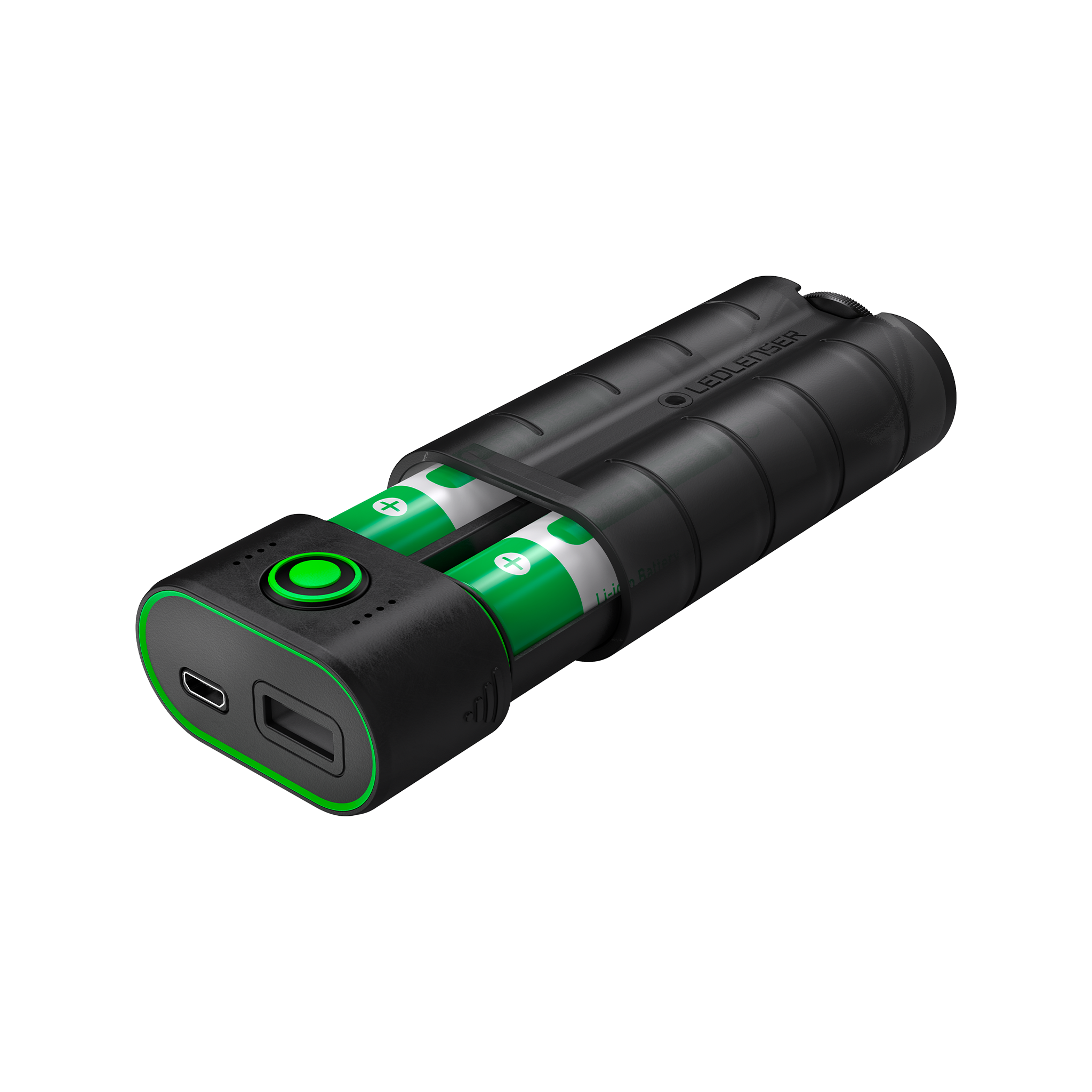 Ledlenser Flex7 Powerbank featuring dual batteries in a black housing with green accents showing USB C and USB A ports and front power button