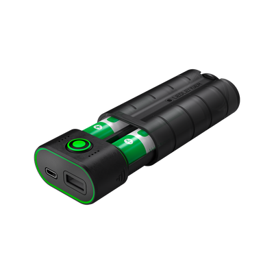 Ledlenser Flex7 Powerbank featuring dual batteries in a black housing with green accents showing USB C and USB A ports and front power button