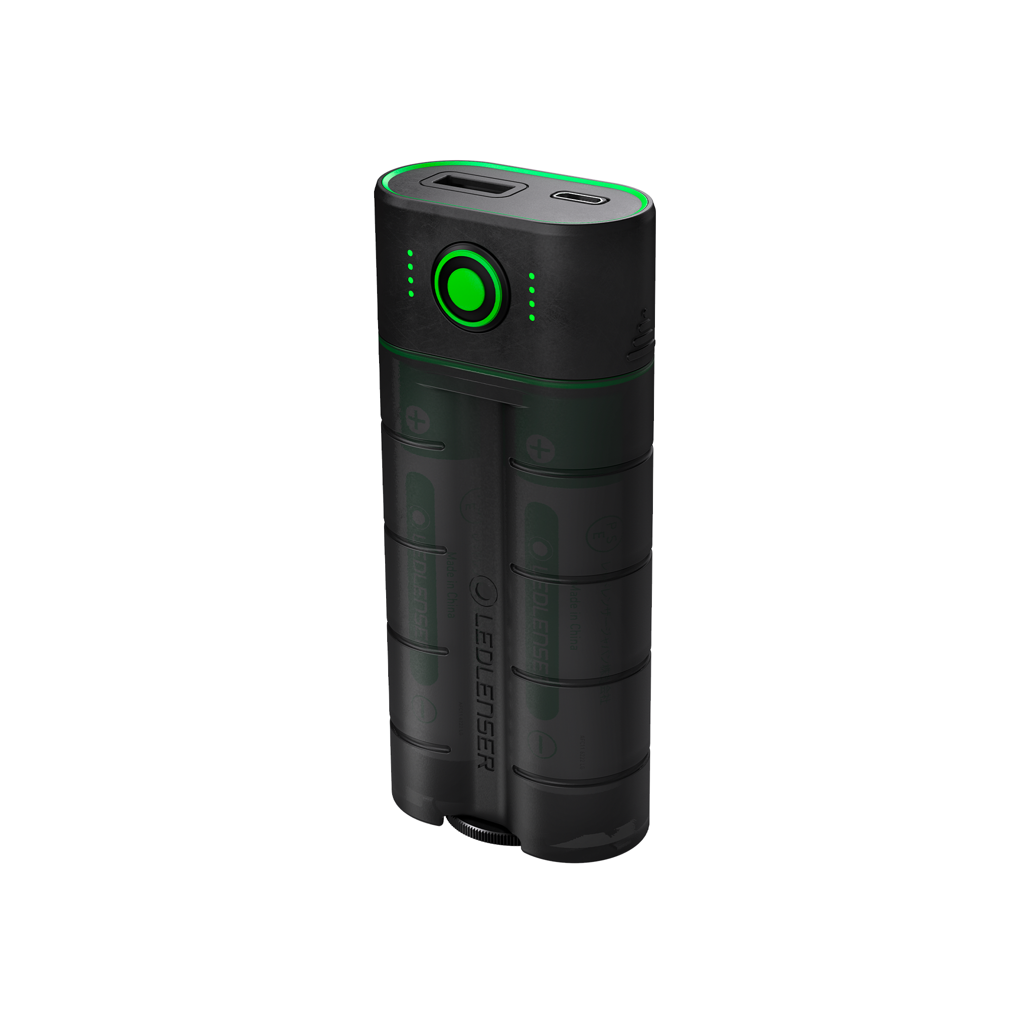 Flex7 Powerbank Ledlenser black cylindrical modular battery with a green ring and USB C port on top
