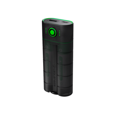 Flex7 Powerbank Ledlenser black cylindrical modular battery with a green ring and USB C port on top