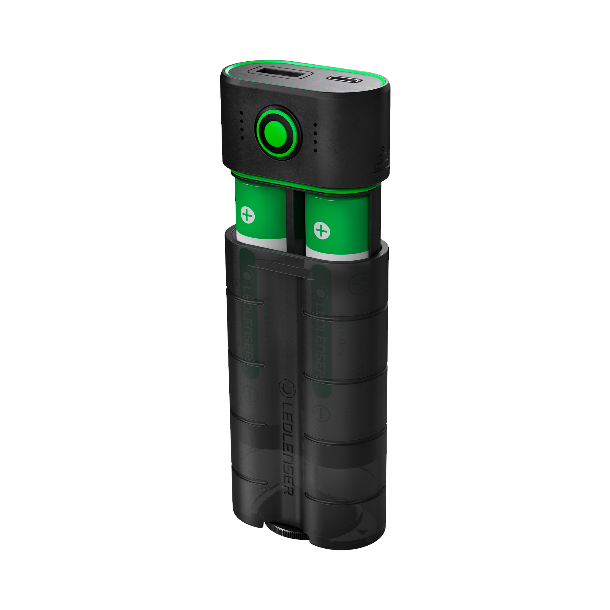 Ledlenser Flex7 Powerbank with dual removable green batteries in a black housing and top USB C and micro USB charging ports