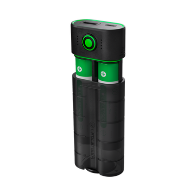 Ledlenser Flex7 Powerbank with dual removable green batteries in a black housing and top USB C and micro USB charging ports