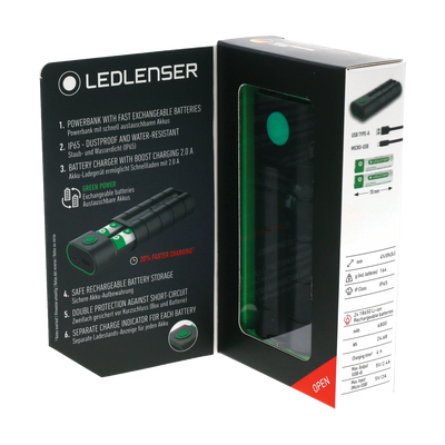 Ledlenser Flex7 Powerbank packaging box with green battery module visible through window and black design elements