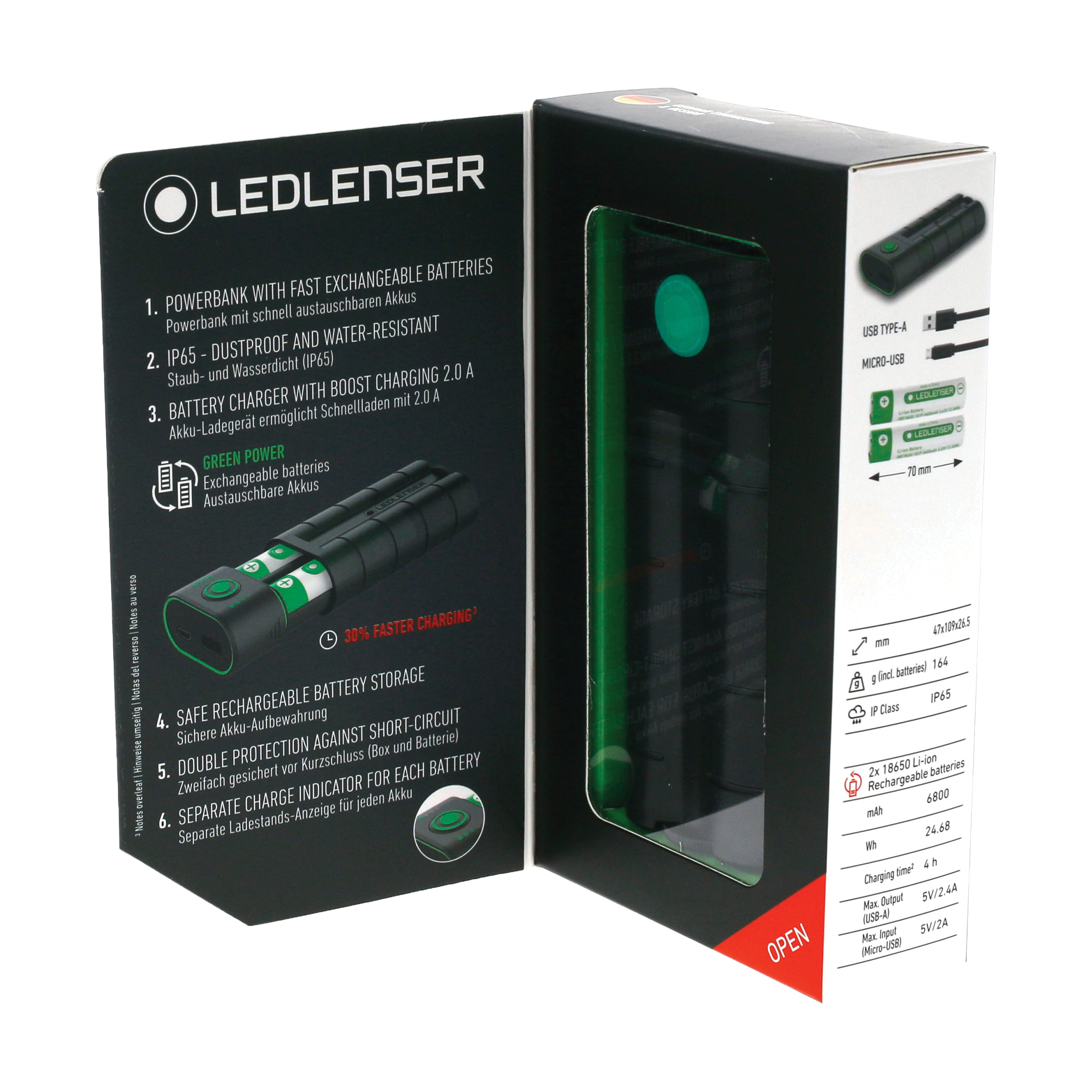Ledlenser Flex7 Powerbank packaging box with a transparent window showing the powerbank inside and green accent details