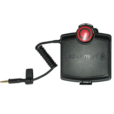 H14R 2 Headlamp Battery Case by Ledlenser black rectangular battery housing with red circular access connected coiled cable and 3 5mm plug