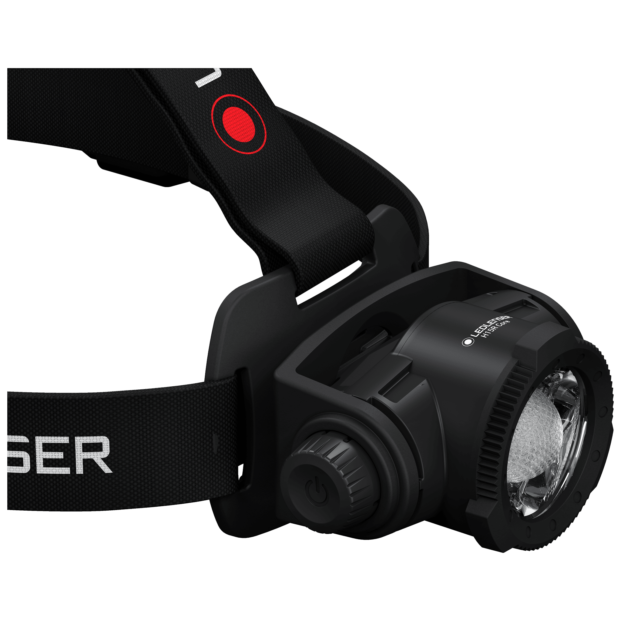 Ledlenser H15R Core headlamp mounted on adjustable black headband with red circular button detail and visible front bezel