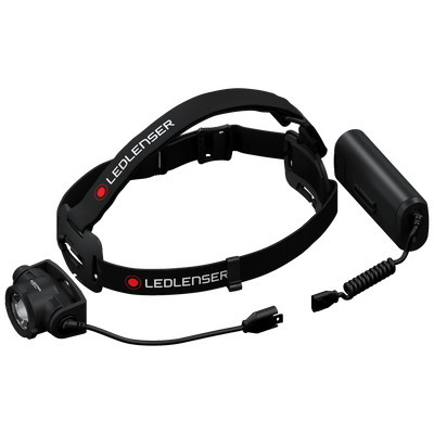 Ledlenser H15R Core headlamp with rechargeable battery pack and adjustable strap front mounted light and charging cable visible