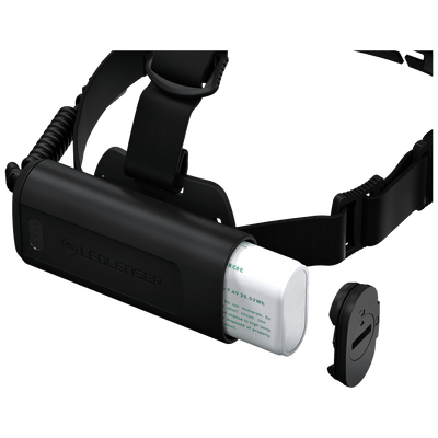 Ledlenser H15R Core Headlamp with removable battery pack side view showing black headstrap and compact housing