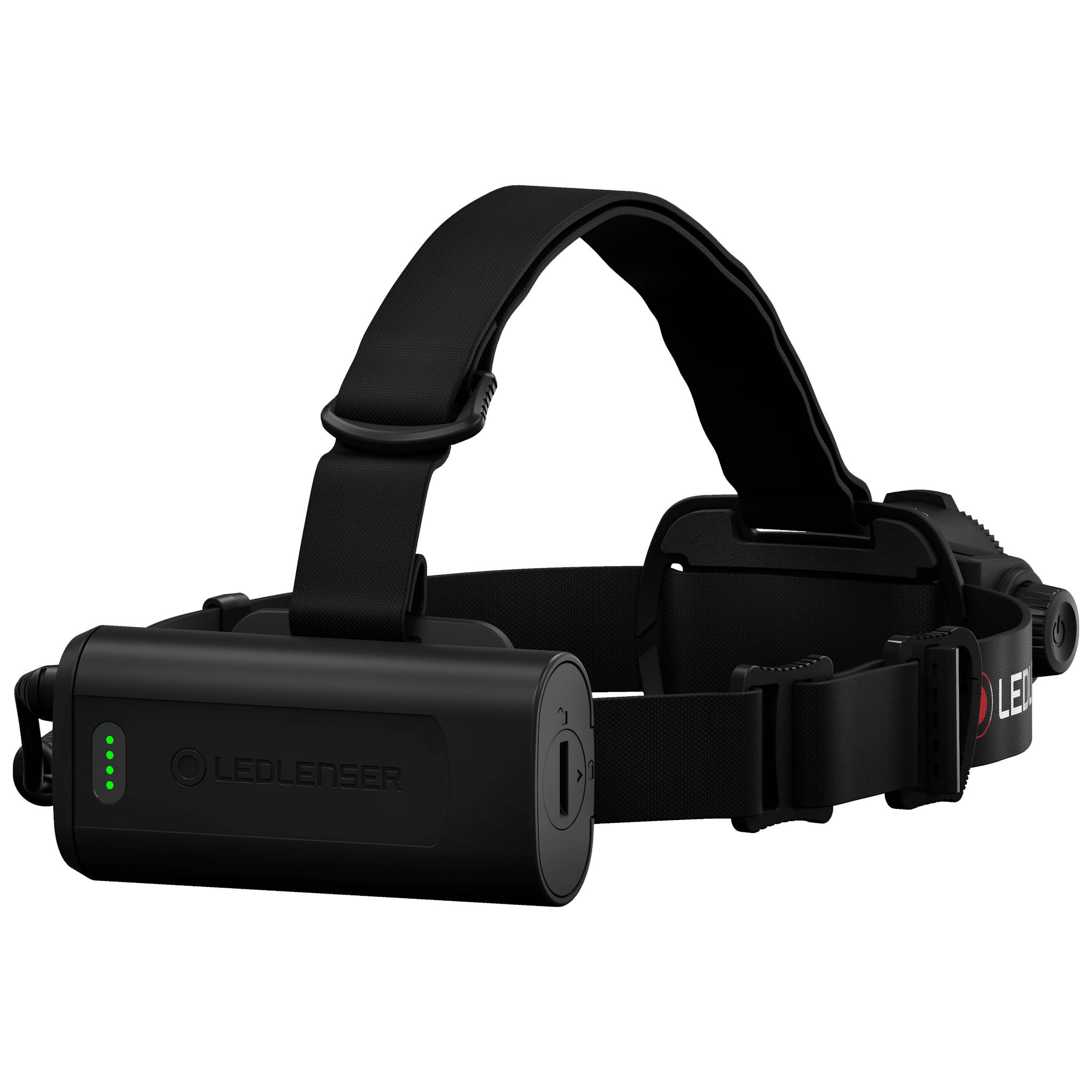 Ledlenser H15R Core headlamp with black head strap and detachable battery pack mounted on belt front left view