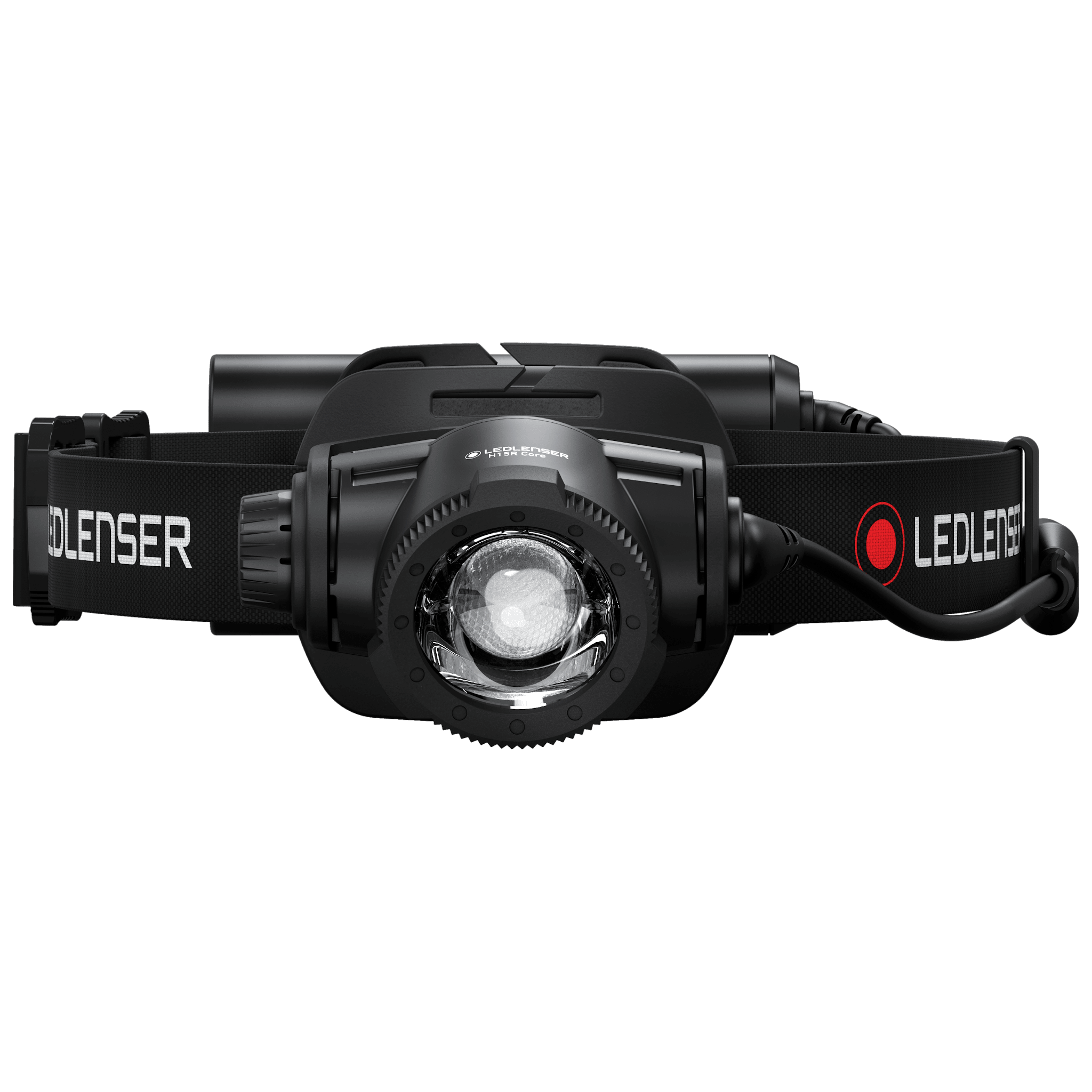 Ledlenser H15R Core Headlamp with black headband and rechargeable battery pack front view showing circular projector lens