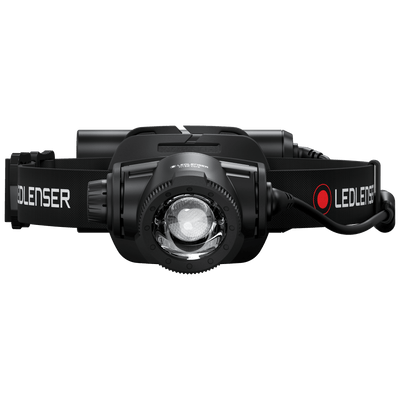 Ledlenser H15R Core Headlamp with black headband and rechargeable battery pack front view showing circular projector lens
