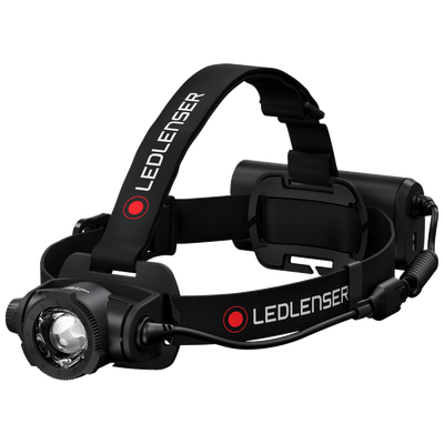 Ledlenser H15R Core Headlamp with adjustable black headband front mounted rechargeable light unit and rear battery pack