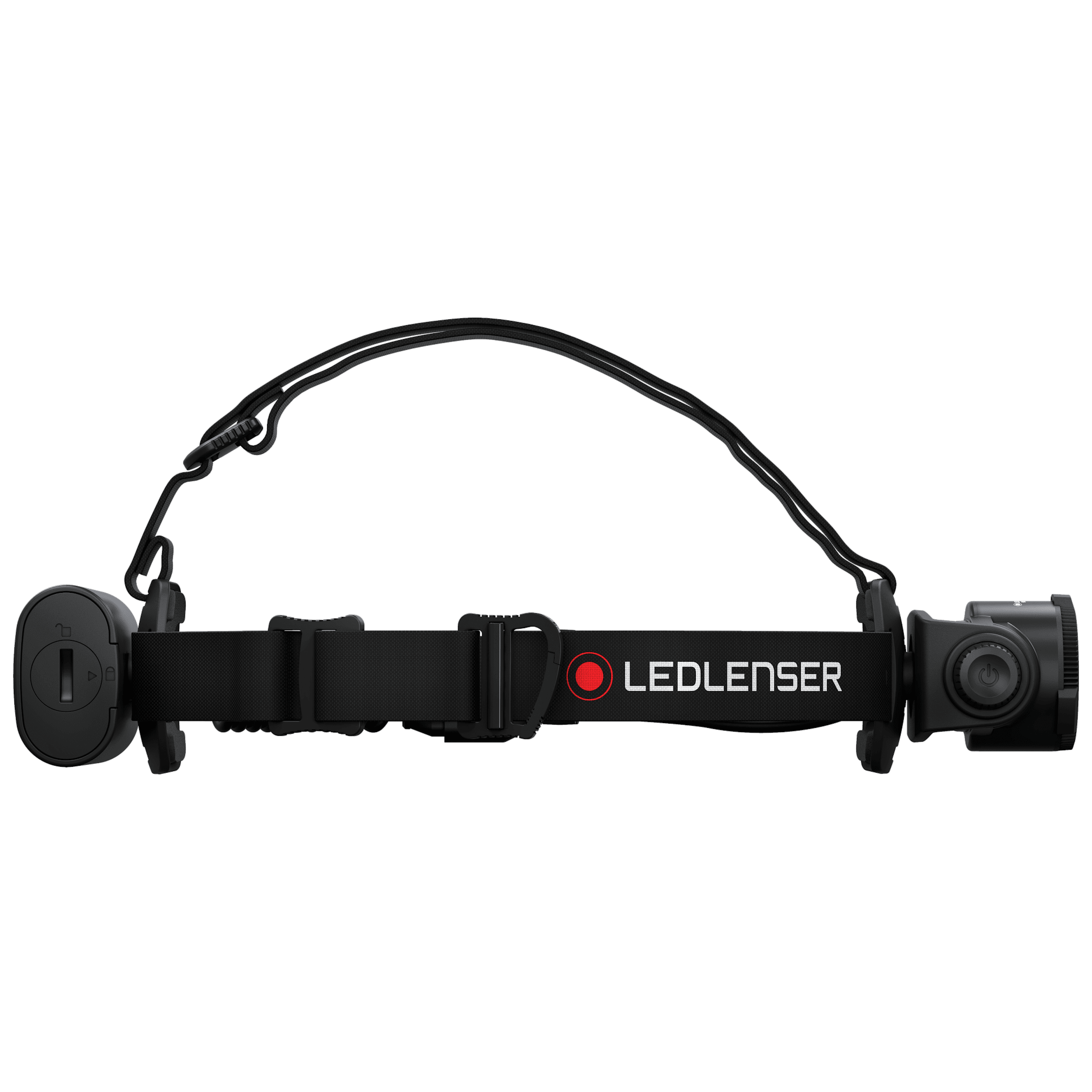 Ledlenser H15R Core Headlamp with black adjustable headband right side control dial and left battery pack mounted for hands‑free lighting