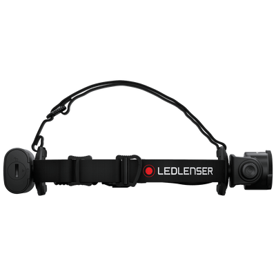 Ledlenser H15R Core Headlamp with black adjustable headband right side control dial and left battery pack mounted for hands‑free lighting