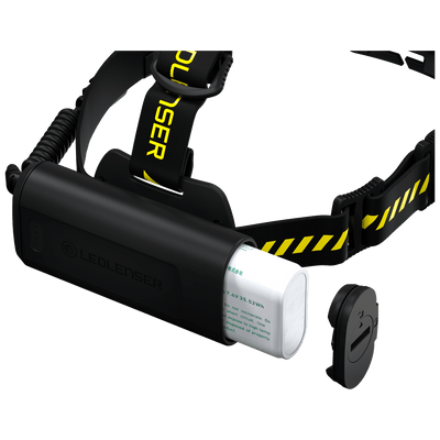 H15R Work Headlamp with battery pack and cap removed black body and yellow Ledlenser strap