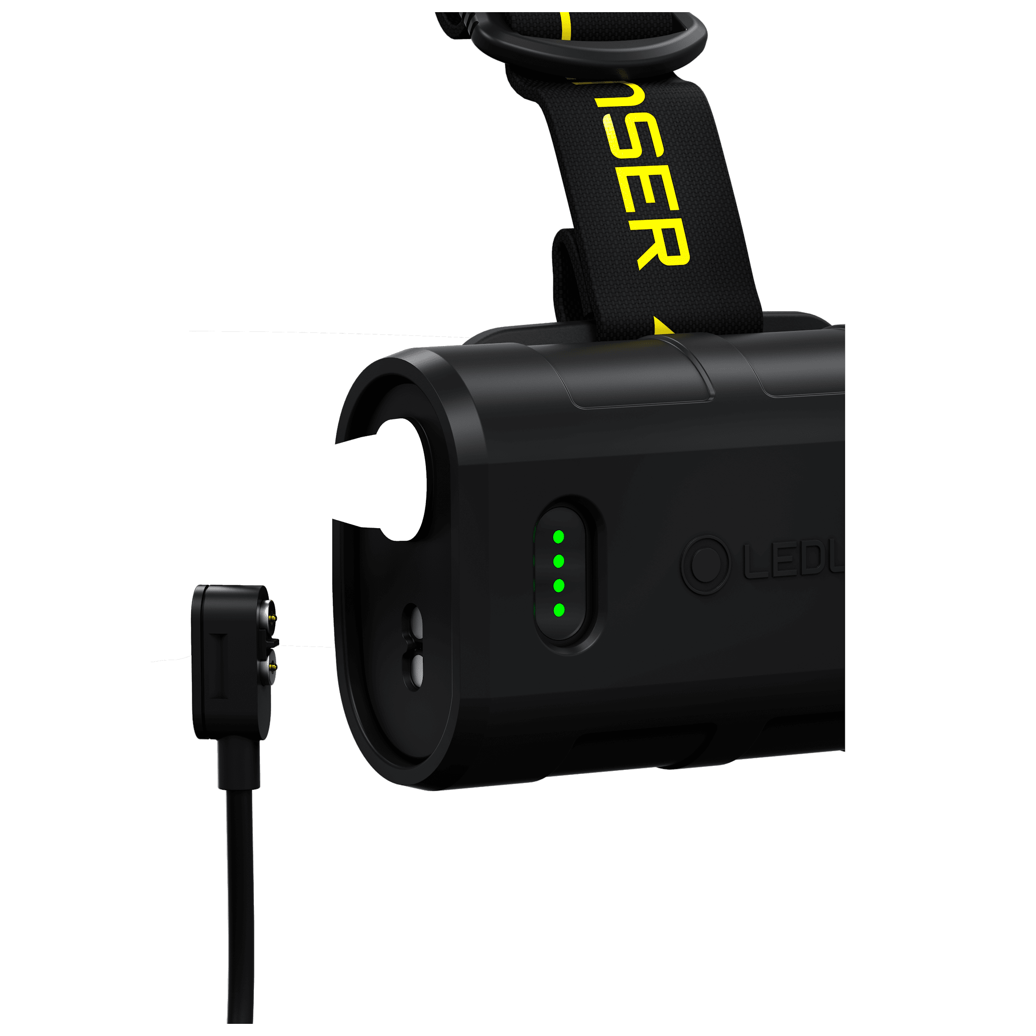 H15R Work Headlamp battery pack with green indicator LEDs and black strap marked Ledlenser viewed from the side with charging cable visible