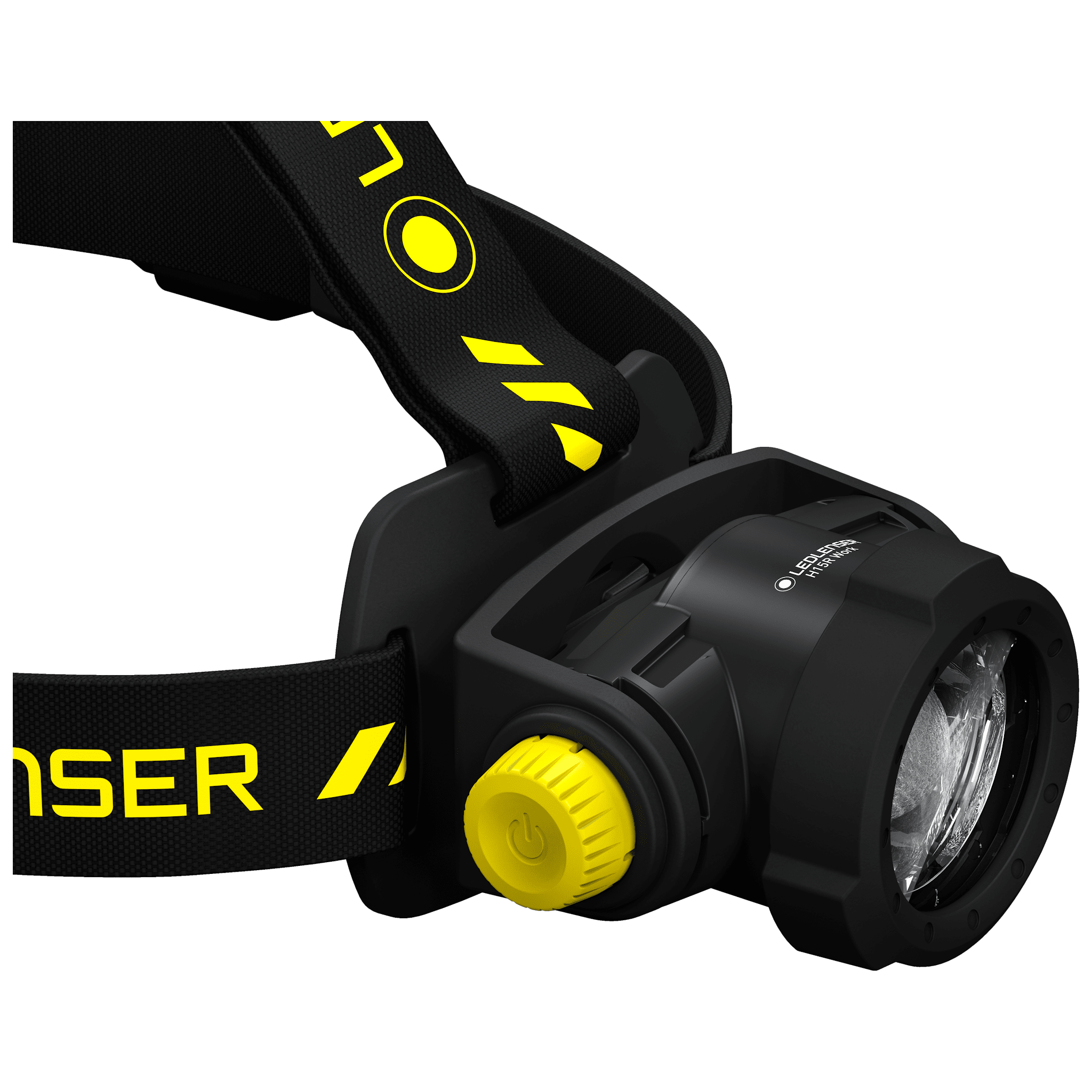 H15R Work Headlamp angled side view showing black headband with yellow accents yellow dial and rugged front lens
