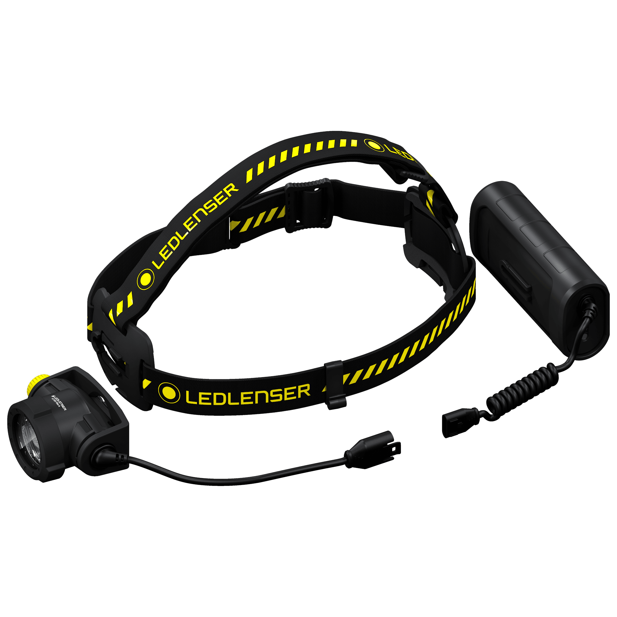 Ledlenser H15R Work Headlamp with black and yellow adjustable headband and external battery pack connected by a coiled cable