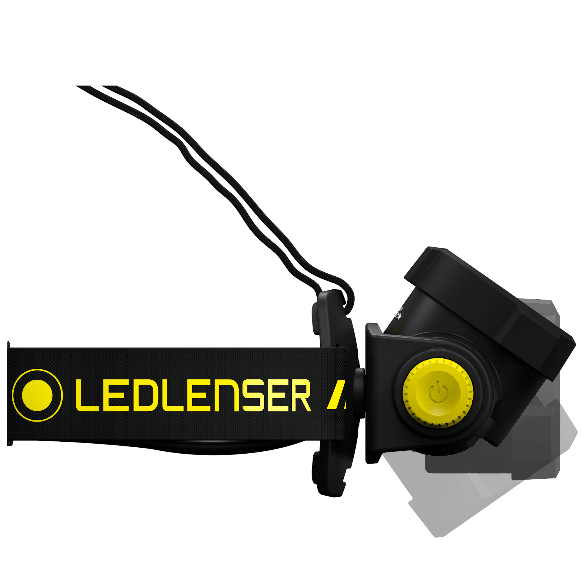 Ledlenser H15R Work Headlamp with black strap and yellow dial side view showing the rugged adjustable head unit and housing