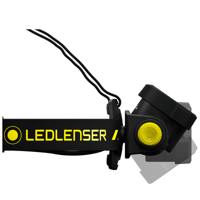 Ledlenser H15R Work Headlamp with black strap and yellow dial side view showing the rugged adjustable head unit and housing