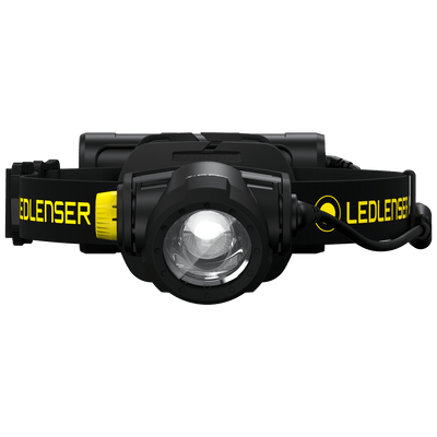 Ledlenser H15R Work Headlamp front view mounted on an adjustable black head strap with yellow branding and a central LED lens