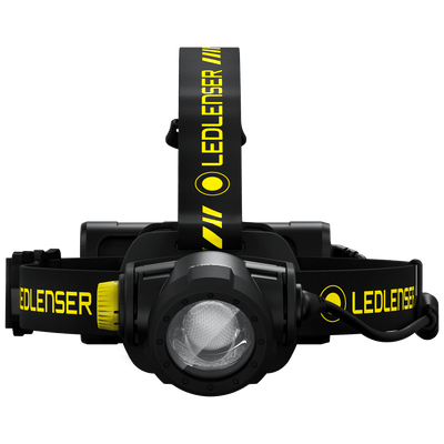 Ledlenser H15R Work Headlamp with black housing and adjustable head strap featuring yellow Ledlenser branding and front LED lens