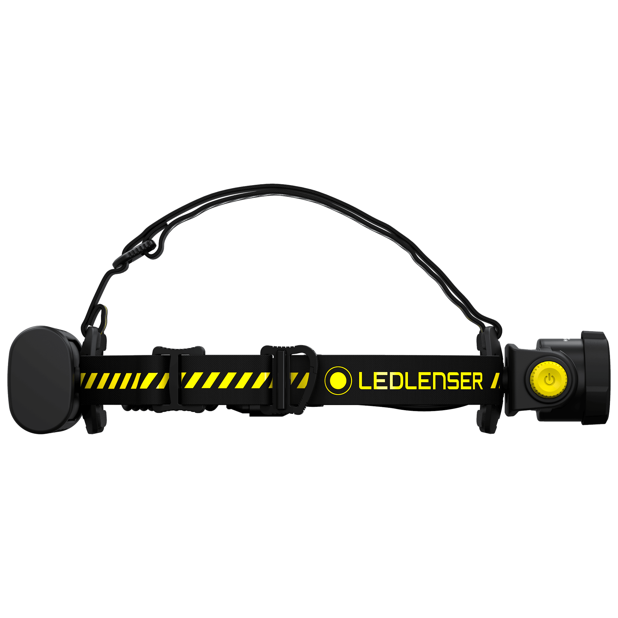 H15R Work Headlamp in profile with black strap and yellow Ledlenser branding and yellow power button on the battery housing
