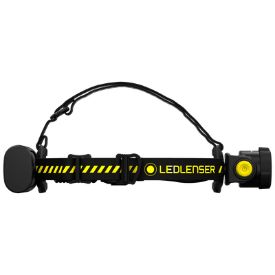H15R Work Headlamp in profile with black strap and yellow Ledlenser branding and yellow power button on the battery housing
