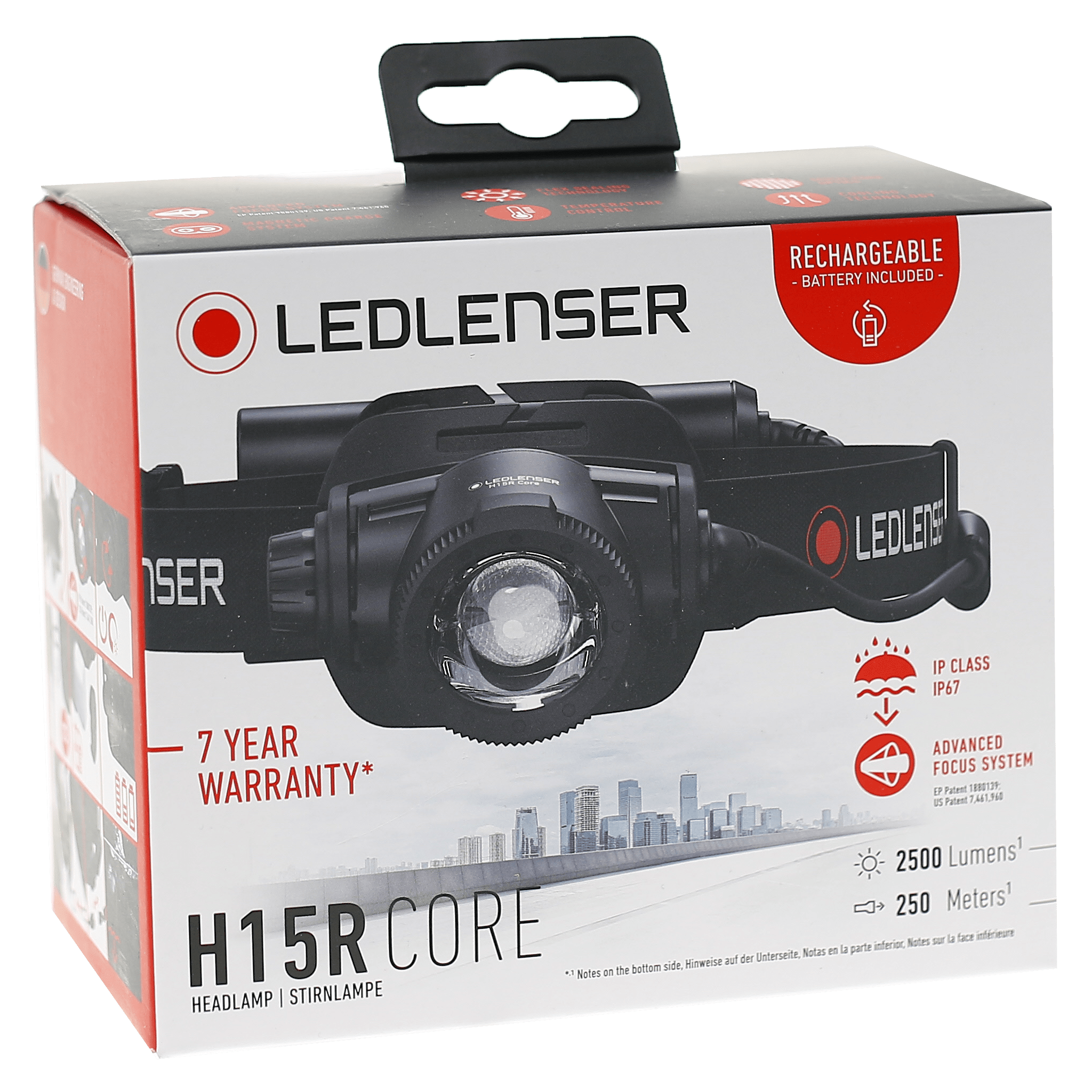 Ledlenser H15R Core headlamp packaging box featuring a black headband and central front lens with branding and product image
