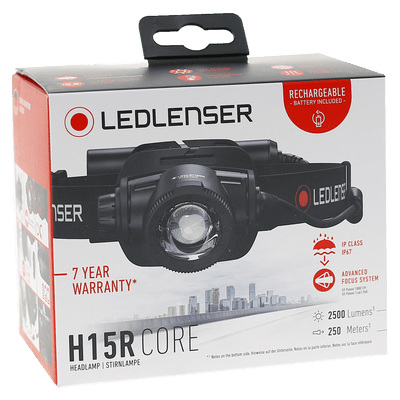 Ledlenser H15R Core headlamp packaging box featuring a black headband and central front lens with branding and product image
