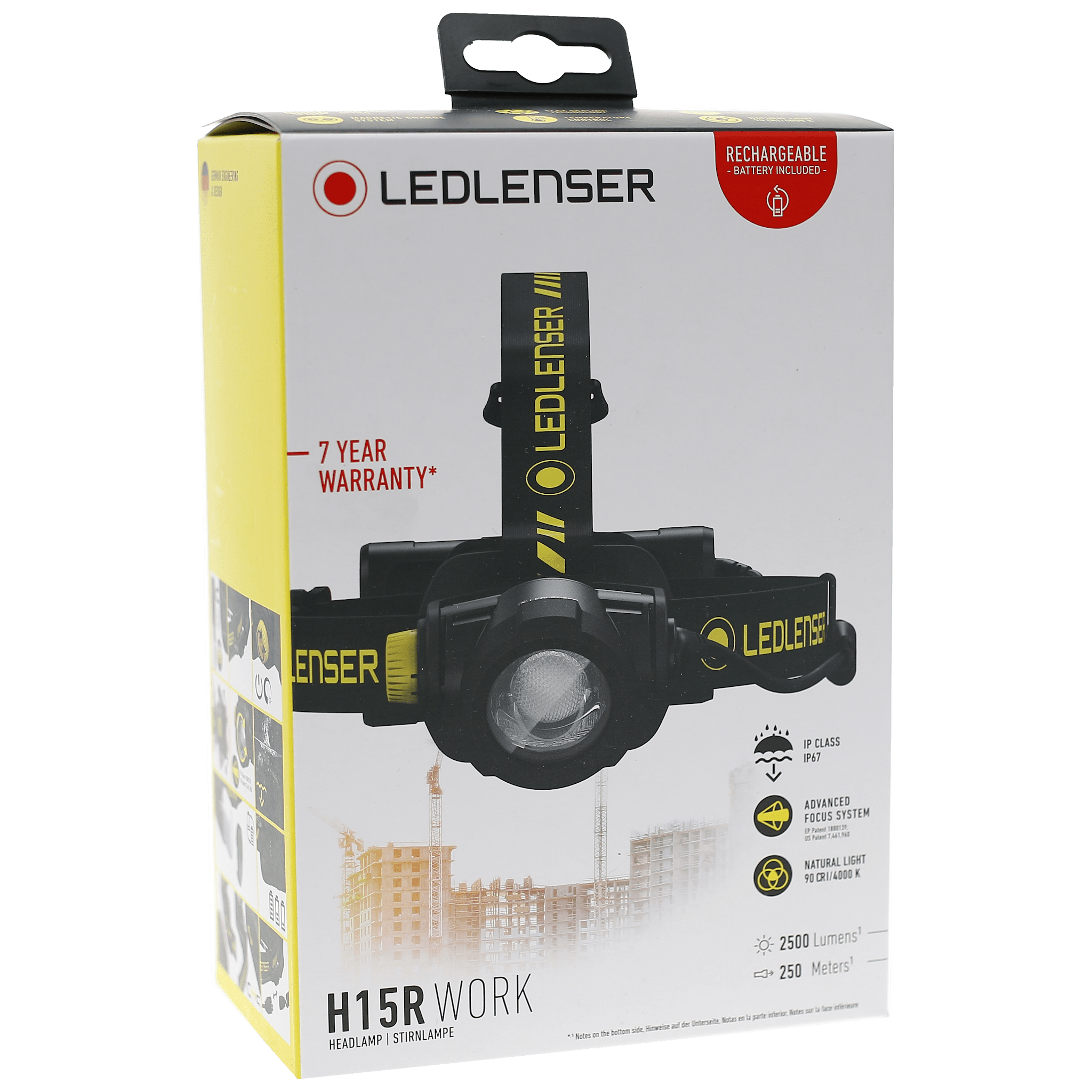 H15R Work Headlamp packaging box with front angle view showing a black headlamp with yellow branding on a white and yellow box
