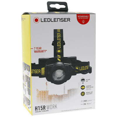 H15R Work Headlamp packaging box with front angle view showing a black headlamp with yellow branding on a white and yellow box