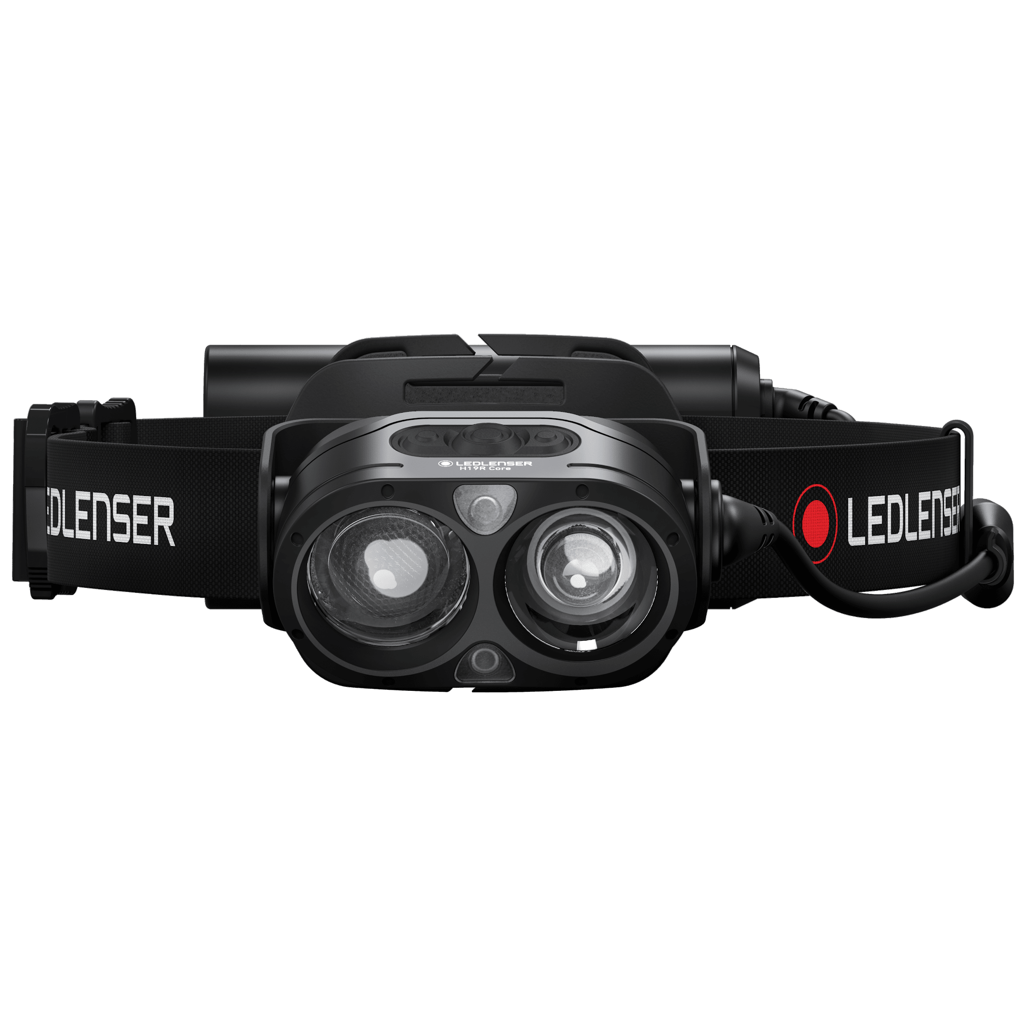 H19R Core Headlamp facing front with dual lenses and black adjustable headband with Ledlenser branding