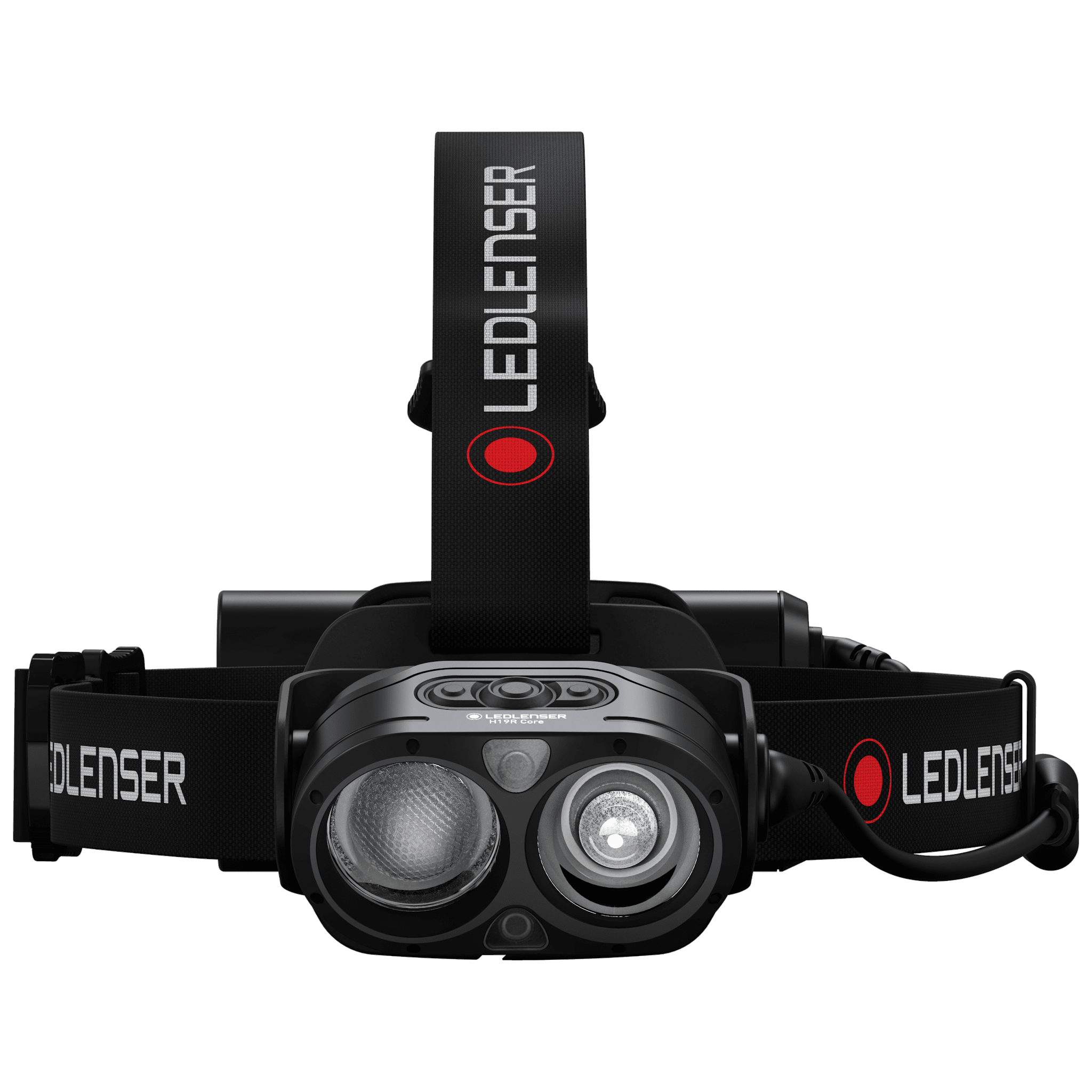 Ledlenser H19R Core Headlamp shown from front with black adjustable head strap and dual front lamps