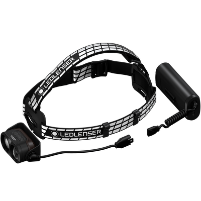 Ledlenser H19R Signature Headlamp with adjustable black and white band battery pack at rear and front light housing