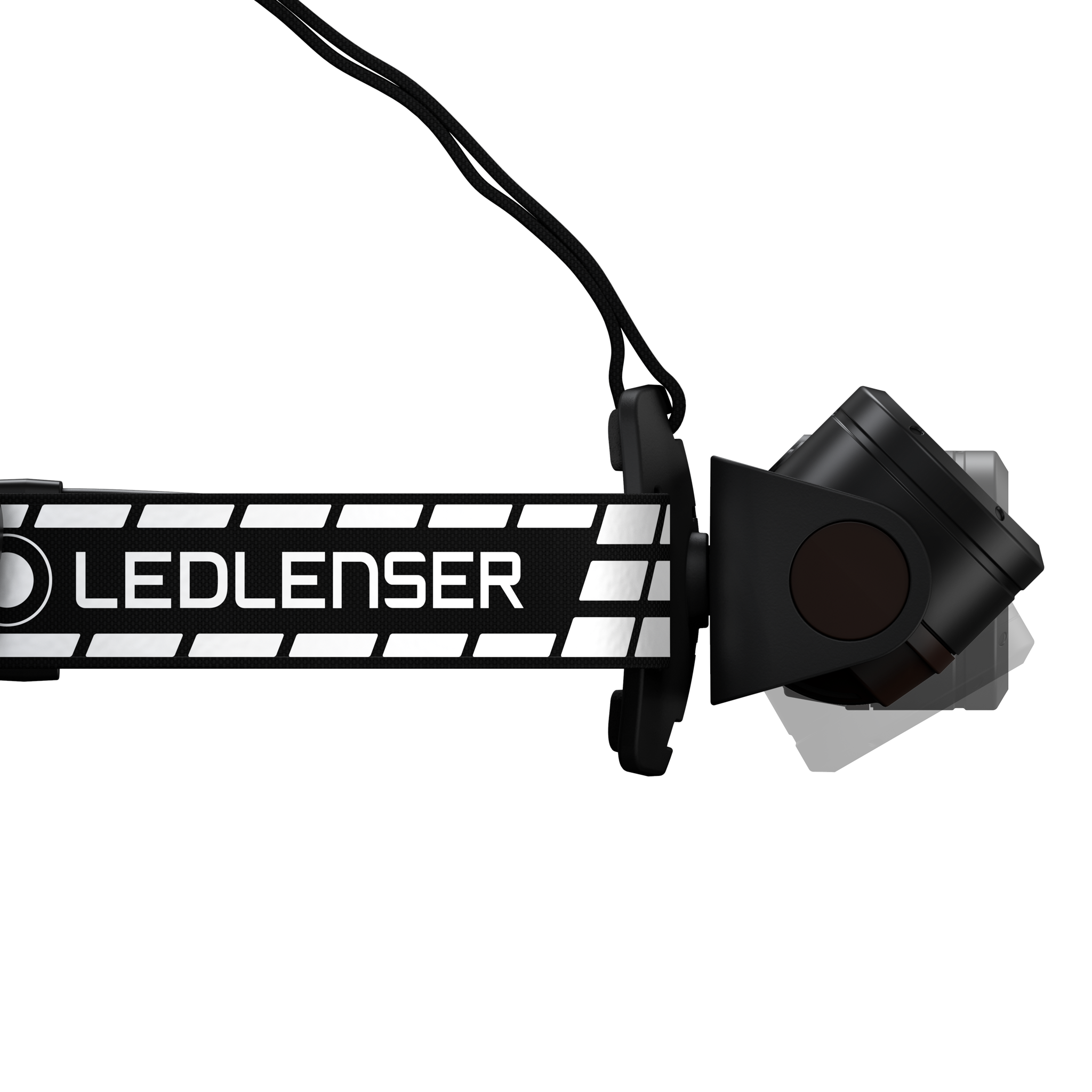 H19R Signature Headlamp mounted on a black Ledlenser headband side view showing the swivel housing and strap attachment