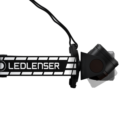 H19R Signature Headlamp mounted on a black Ledlenser headband side view showing the swivel housing and strap attachment