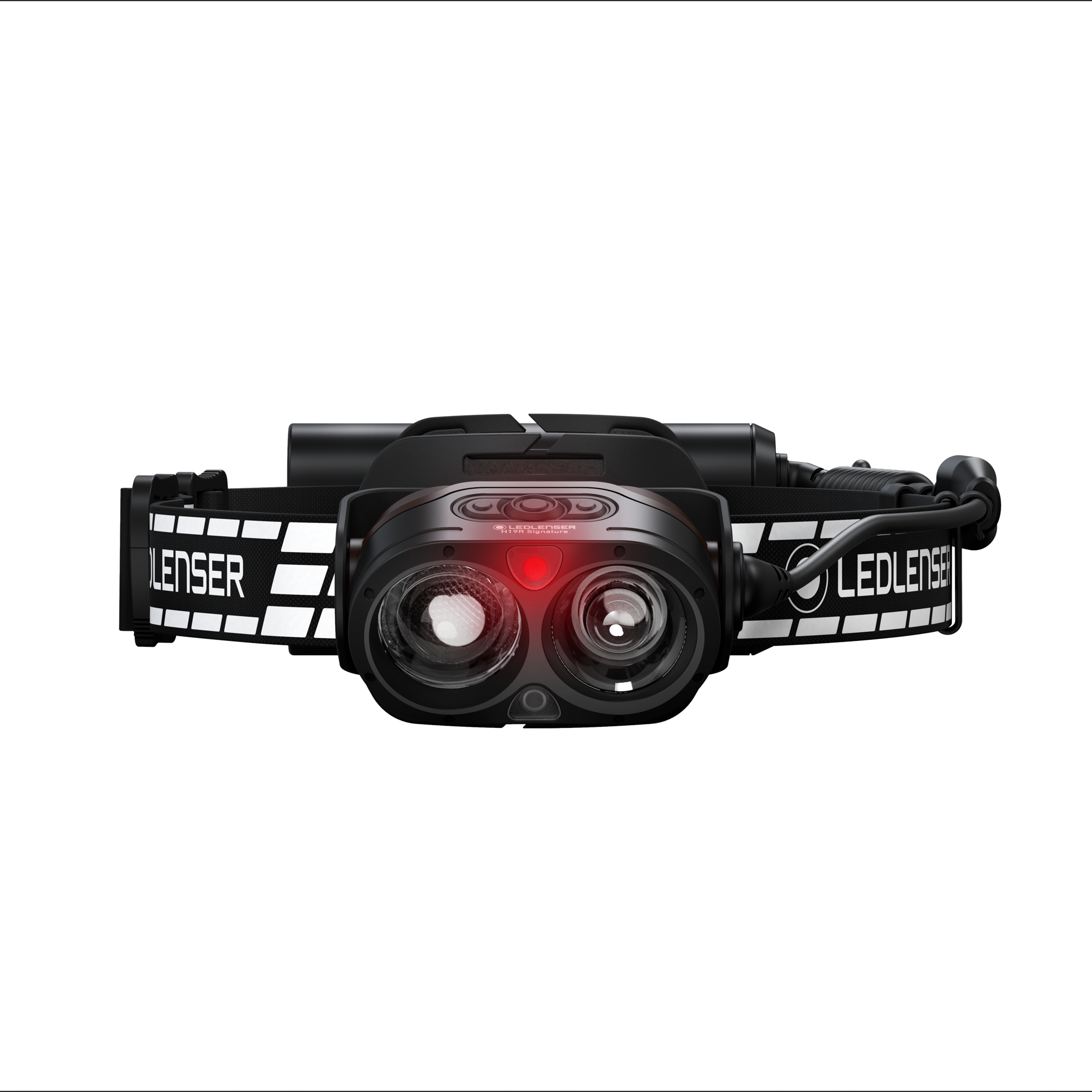 Ledlenser H19R Signature Headlamp front view showing dual lenses red indicator and black headband worn on the head