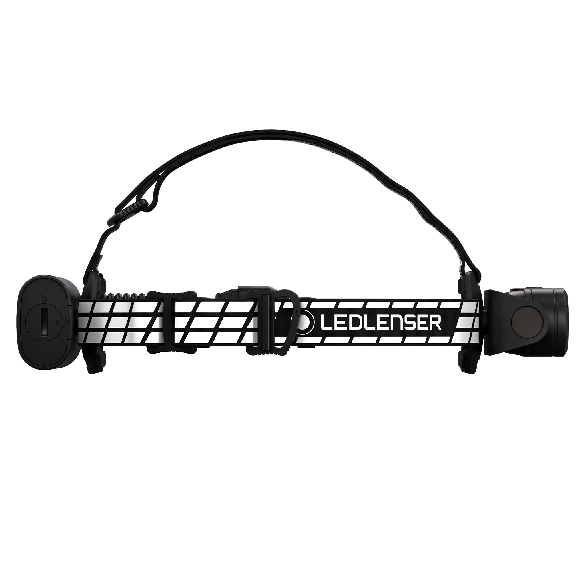 Ledlenser H19R Signature Headlamp with black adjustable headband front light on the right and battery pack on the left side
