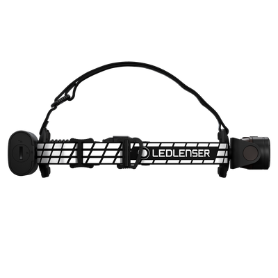 Ledlenser H19R Signature Headlamp with black adjustable headband front light on the right and battery pack on the left side