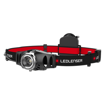 Ledlenser H3 2 Battery Operated Headlamp with black and red adjustable headband and rear battery pack front light housing visible
