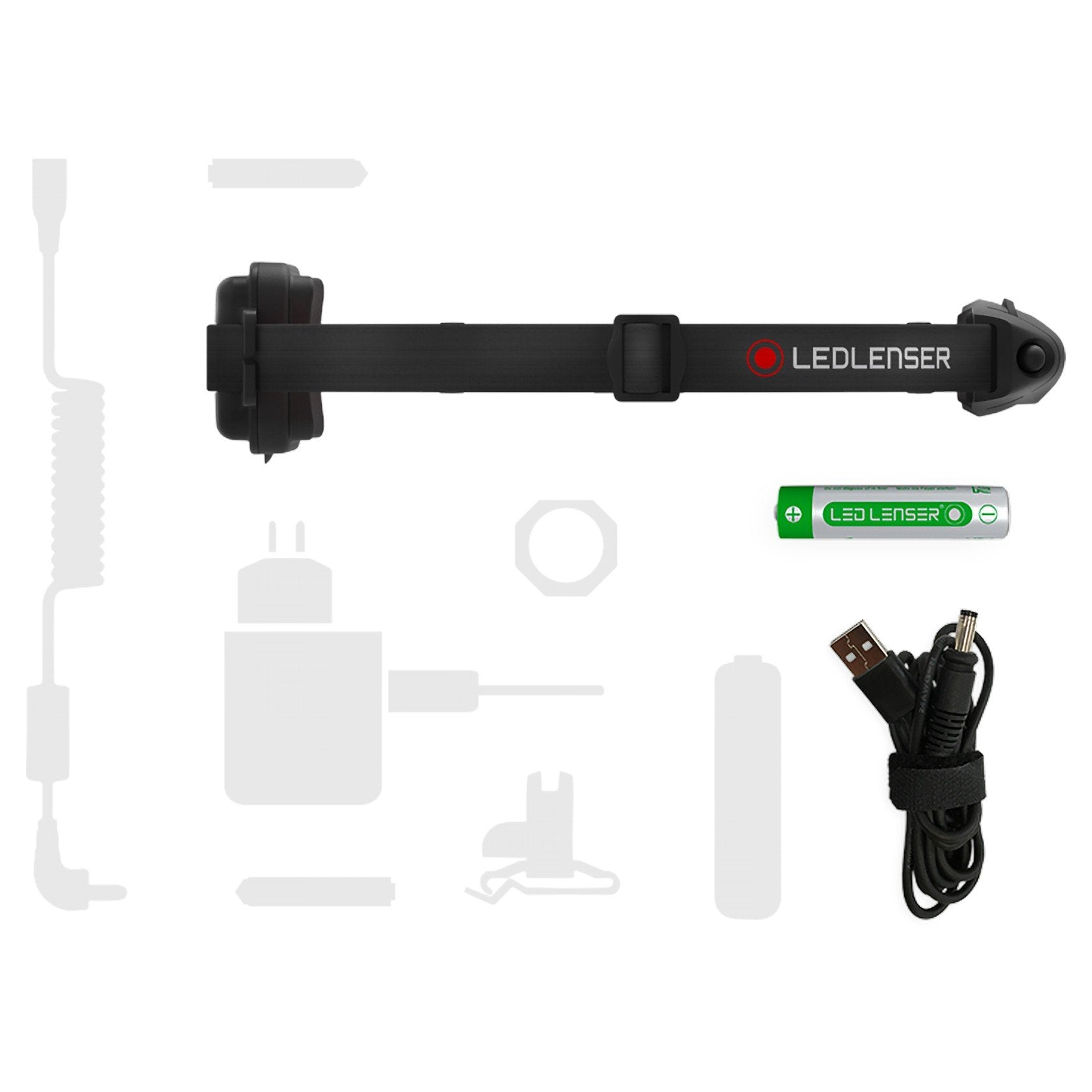 Ledlenser H4R Rechargeable Headlamp with headband extended black body and red logo; includes green rechargeable battery and USB charging cable