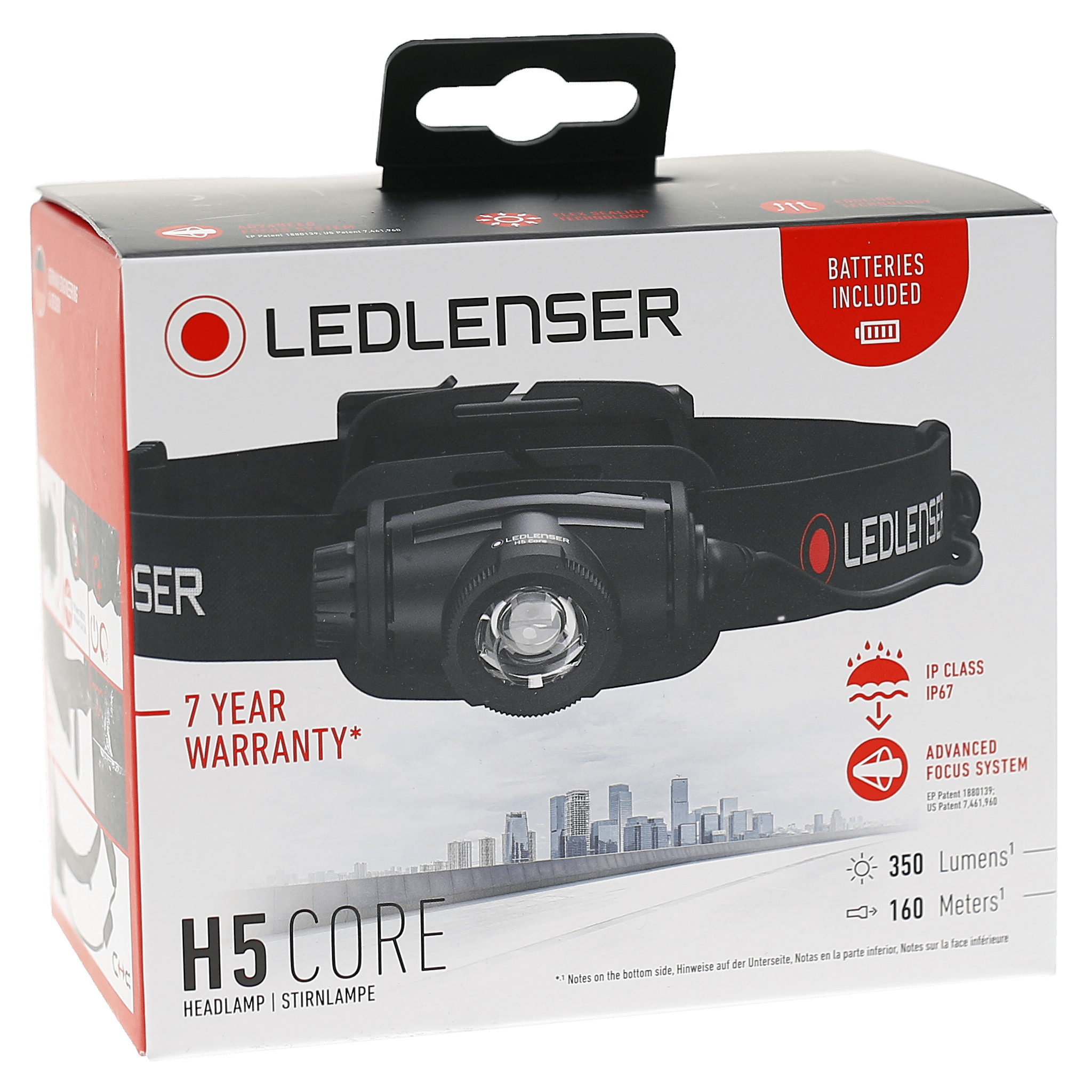 Ledlenser H5 Core Headlamp packaging showing the headlamp mounted on an adjustable black headband with the LED lens visible on the front