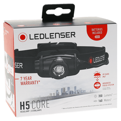 Ledlenser H5 Core Headlamp packaging showing the headlamp mounted on an adjustable black headband with the LED lens visible on the front
