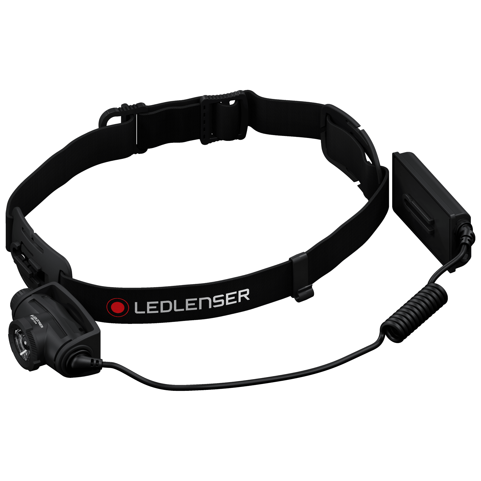Ledlenser H5 Core Headlamp with black adjustable headband and external battery unit connected by a coiled cable