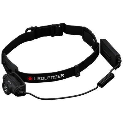 Ledlenser H5 Core Headlamp with black adjustable headband and external battery unit connected by a coiled cable