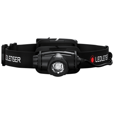Ledlenser H5 Core Headlamp worn on head with adjustable black strap and front mounted LED housing